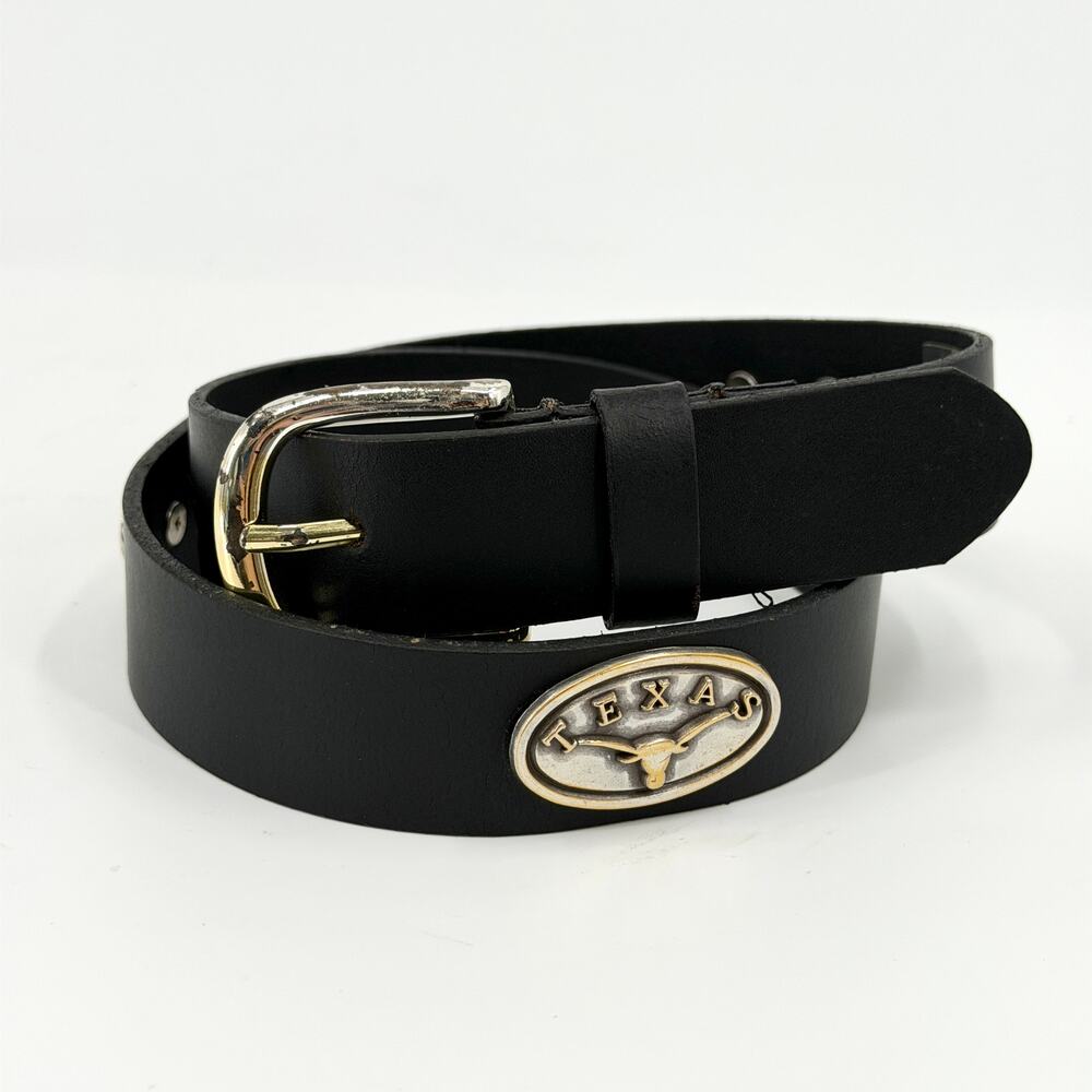 Vintage Y2k Enmon Kids Black Genuine Leather Texas Medallion Belt